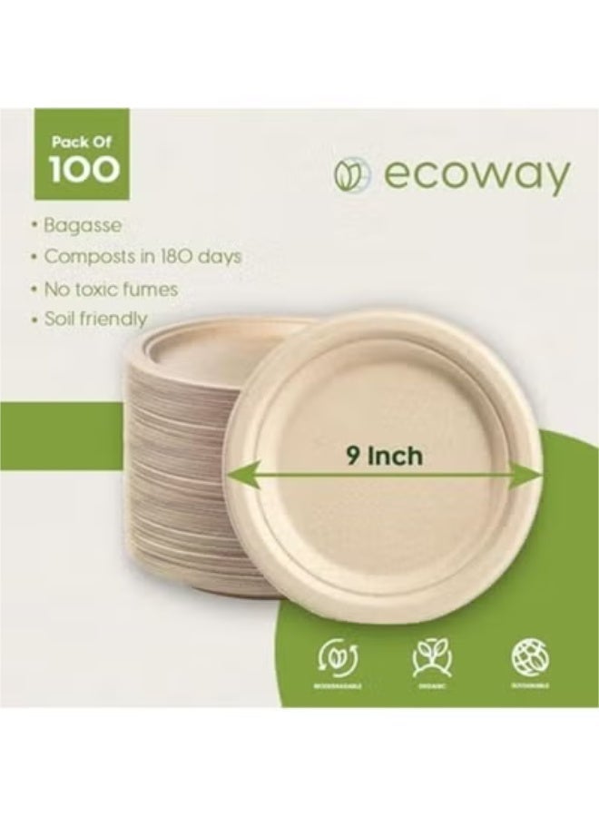 ايكواي ecoway 9-Inch 100% Compostable Disposable Round Bagasse Paper Plates - Biodegradable Sugarcane Fiber - Strong Heavy Duty Rigid Design - Sustainable & Food-Grade - Natural Brown Color, Pack of 100 - Image 2