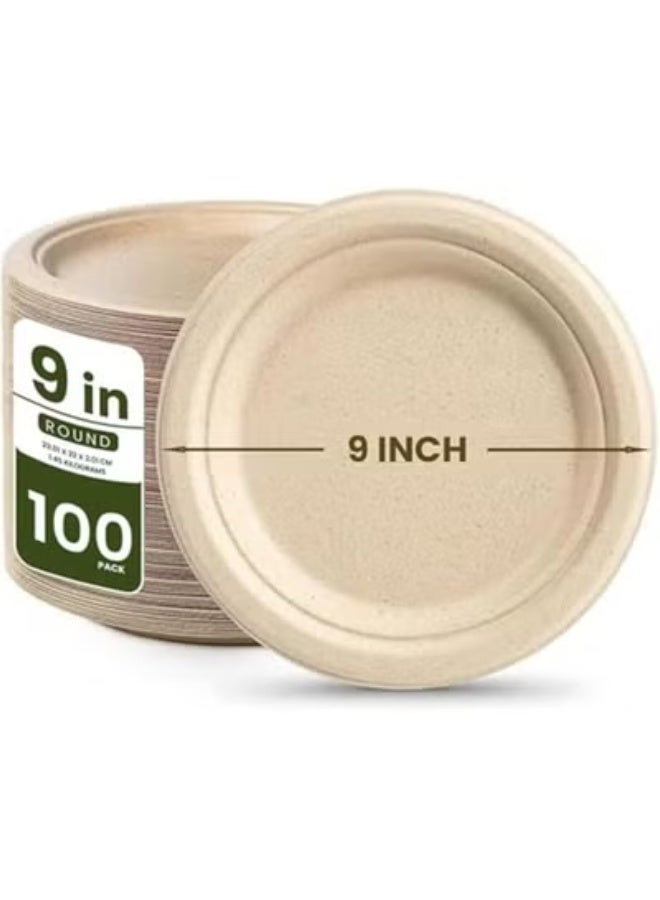 ايكواي ecoway 9-Inch 100% Compostable Disposable Round Bagasse Paper Plates - Biodegradable Sugarcane Fiber - Strong Heavy Duty Rigid Design - Sustainable & Food-Grade - Natural Brown Color, Pack of 100 - Image 1