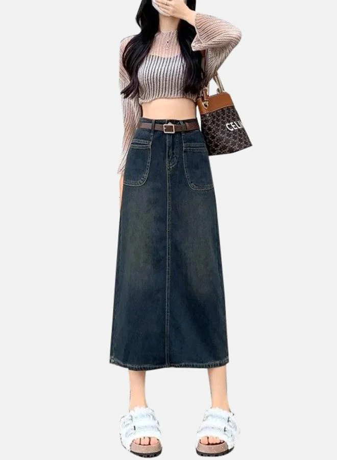 YUNIQEE Blue A-Line Midi Denim Skirts