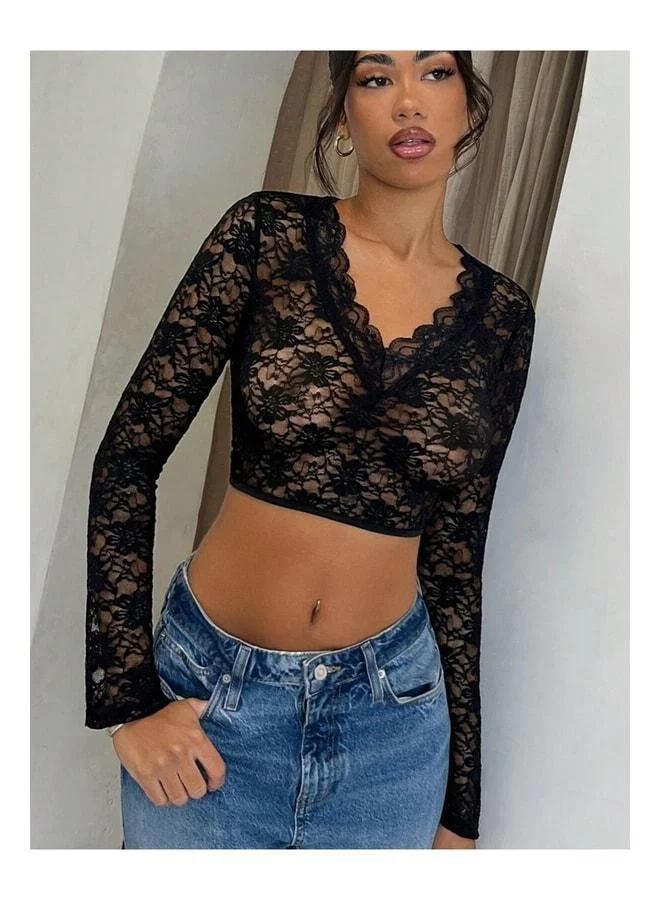 VEILLE Women's Transparent Lace Crop Blouse Long Sleeve Sexy Crop Top Elegant Evening and Daily Outfit Women's Top.