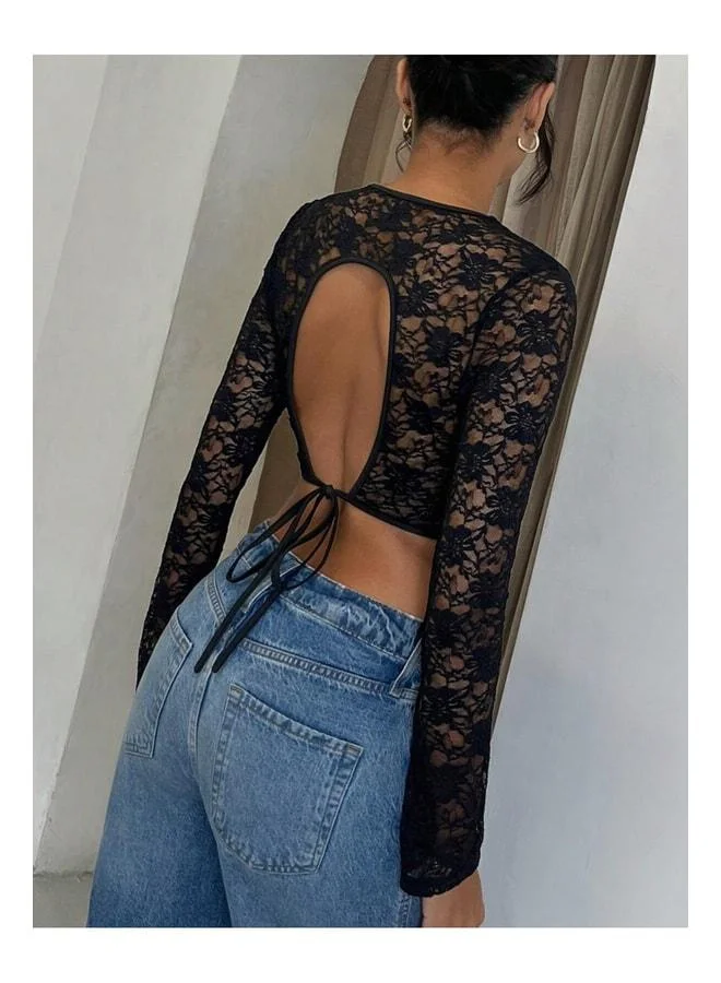 VEILLE Women's Transparent Lace Crop Blouse Long Sleeve Sexy Crop Top Elegant Evening and Daily Outfit Women's Top.