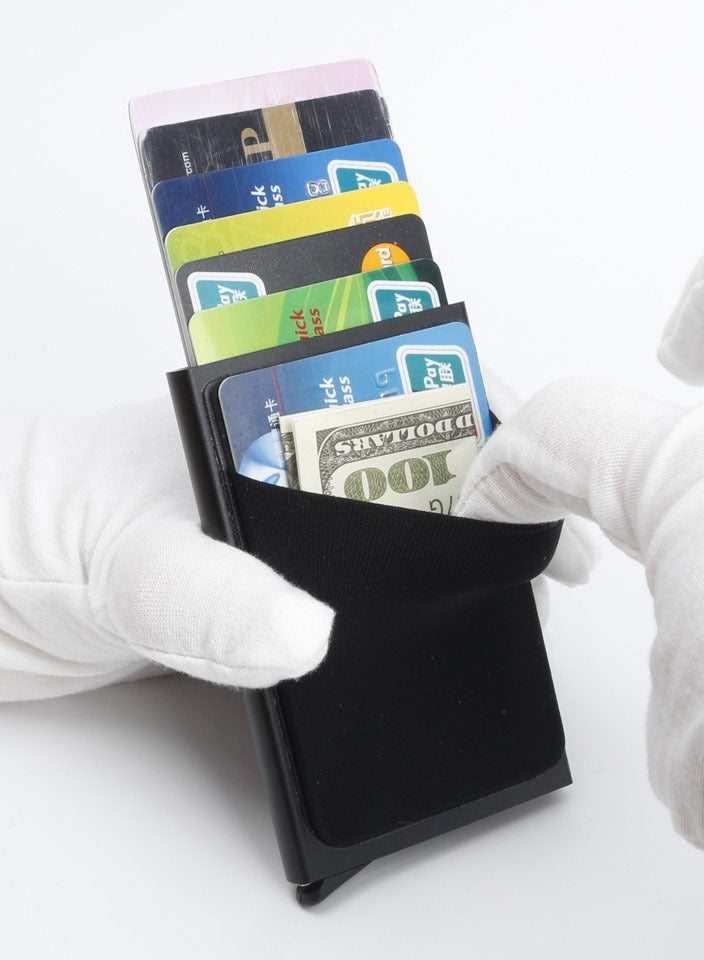 محفظة بطاقات معدنية رفيعة مانعة لتردد RFID، تصميم انبثاق سريع للبطاقات مع جيب للنقود للرجال - Image 3