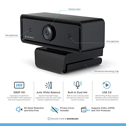 Amcrest 1080P Webcam with Microphone & Privacy Cover, 2 Noise-Cancelling Mics, USB Webcams for Desktop/Laptop PC Computer, Web Cam for Calls, Conference, Zoom, Skype, Online Classes, Meetings AWC2198 - Image 2