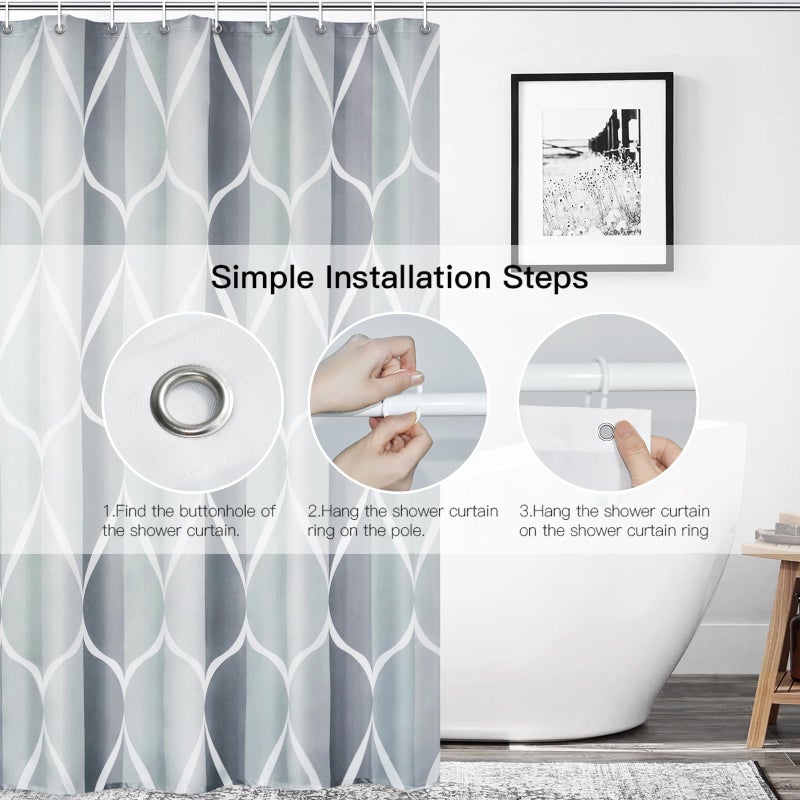 Gelbchu Grey Geometric Shower Curtain W 84 x H 72 Waterproof Design and Polyester Quick-Drying  Weighted Hem  Extra Wide Size Shower Curtains Set for Bathroom Machine Washable with 14 Hooks - Image 3