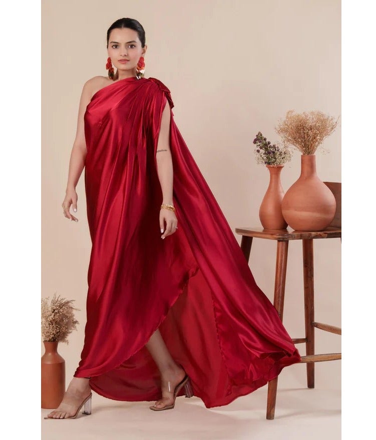 PRASHA Women Stylist Maroon Red One Shoulder Pleated And Drape Style Satin Gown - Image 2