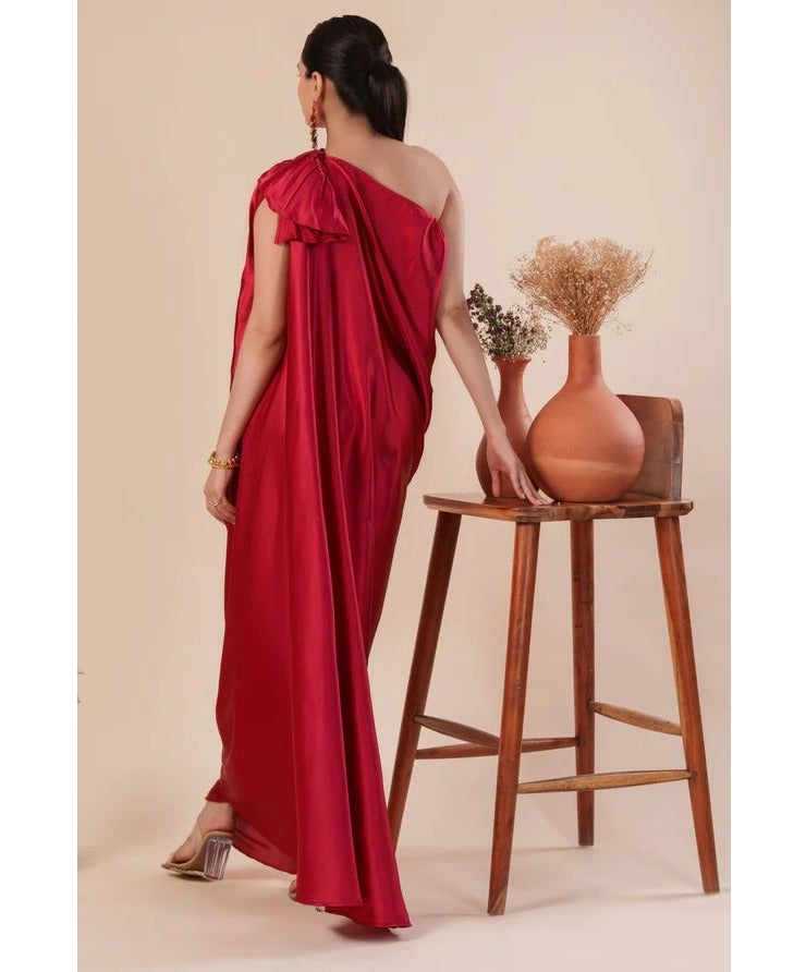 PRASHA Women Stylist Maroon Red One Shoulder Pleated And Drape Style Satin Gown - Image 3