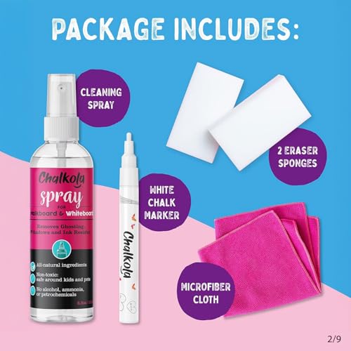 Chalkola Natural Chalkboard Cleaner Spray & Eraser Kit for Liquid Chalk Markers - Suitable for Whiteboard, Blackboard and Dry Erase Boards - Comes with White Chalk Pen - Image 2