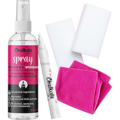 Chalkola Natural Chalkboard Cleaner Spray & Eraser Kit for Liquid Chalk Markers - Suitable for Whiteboard, Blackboard and Dry Erase Boards - Comes with White Chalk Pen - Image 1