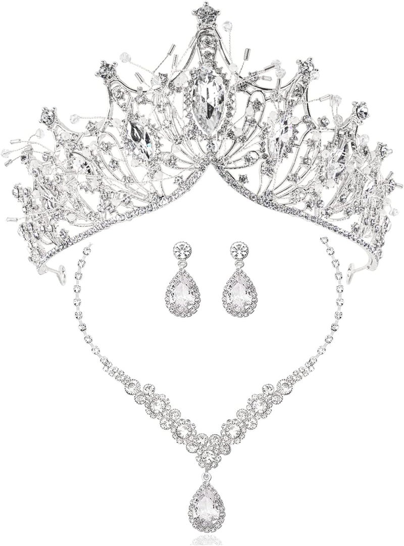 Cocide Silver Jewelry Set for Women Crystal Tiara and Necklace Kit for Girls Rhinestone Crown Earrings Neck Accessories for Bride Wedding Birthday Party Bridal Prom Bridesmaid Dress up - Image 1