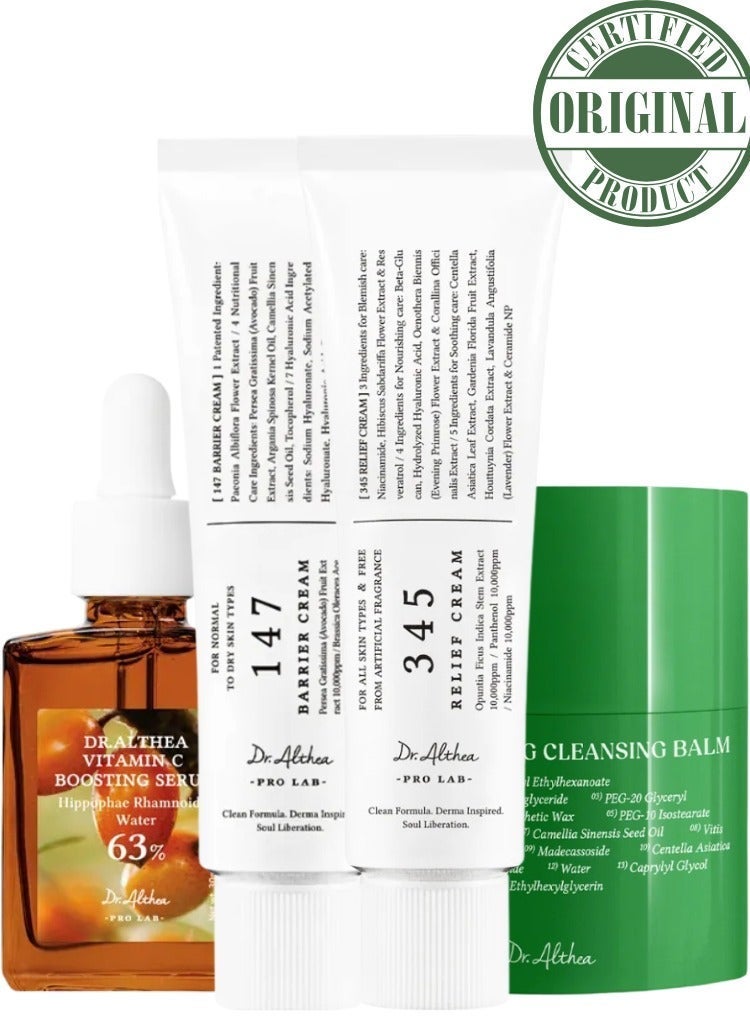 Dryness, Dull Tone & Weak Barrier Recovery Set – Deep Hydration + Brightening Glow Essentials – Dr. Althea 345 Relief Cream, 147 Barrier Cream, Pure Grinding Cleansing Balm & Vitamin C Boosting Serum