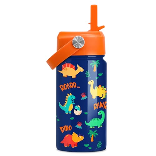 Dinosaur Water Bottle for Boys  Kids Water Bottle with Straw Lid  12 Oz Insulated Stainless Steel Water Bottles for Kid  Travel Cup for School Sports