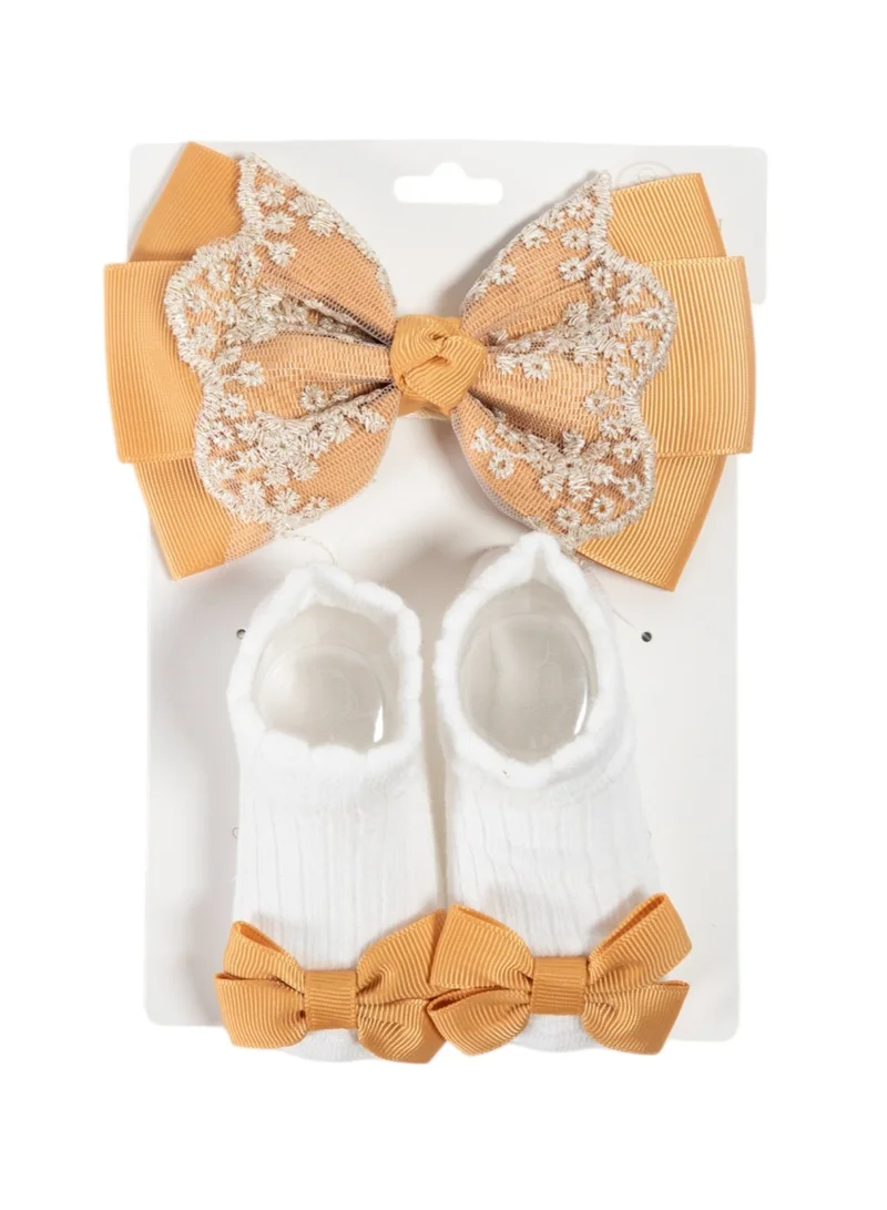Bambimici Bambimici - Aaliyah Socks & Cute Ribbon Big Bow Headband Set - Mustard Yellow