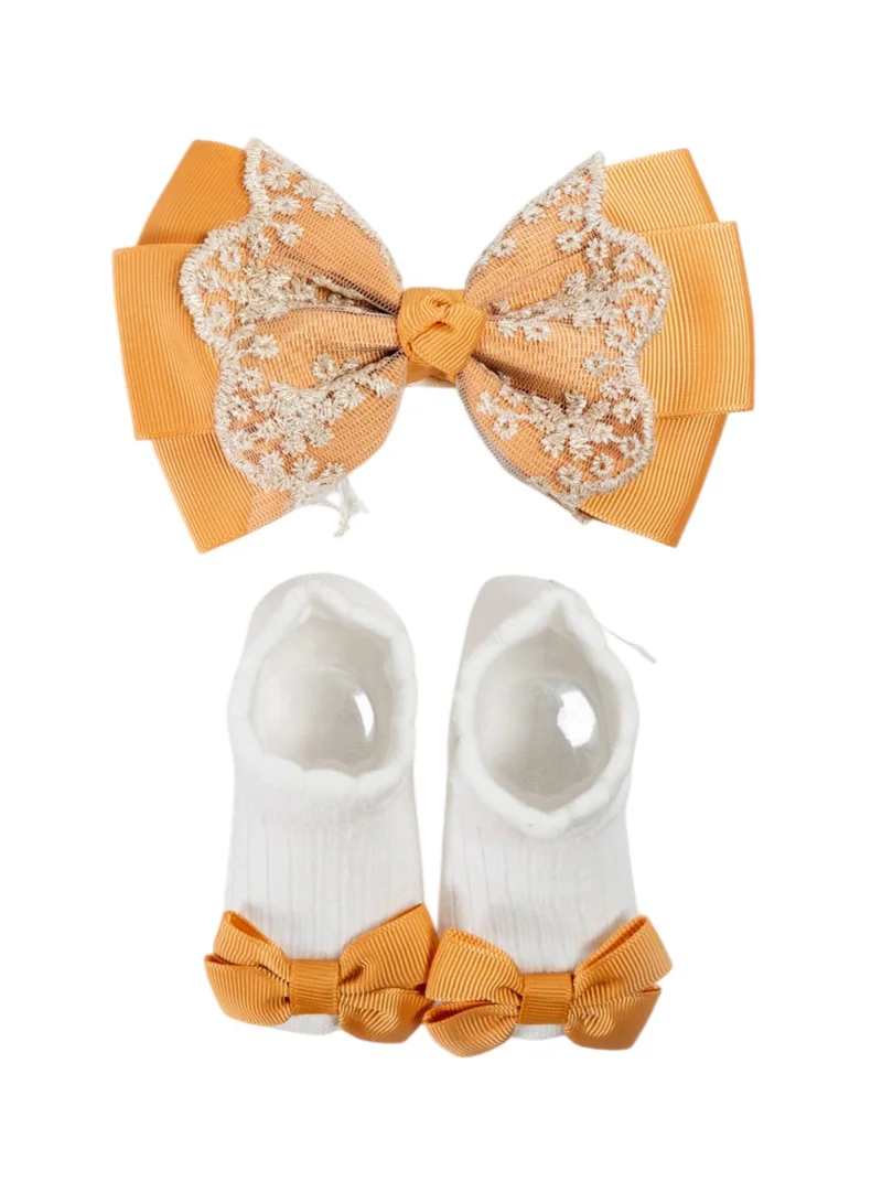Bambimici Bambimici - Aaliyah Socks & Cute Ribbon Big Bow Headband Set - Mustard Yellow