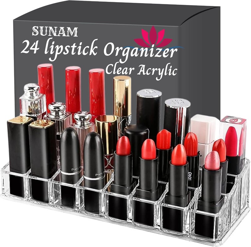 SUNAM 'S 24 Compartment Luxurious Clear Acrylic Makeup Organiser // Lipstick Holder Case// Nail Paint, Brush Tray // Dressing Table Organizer - Image 1