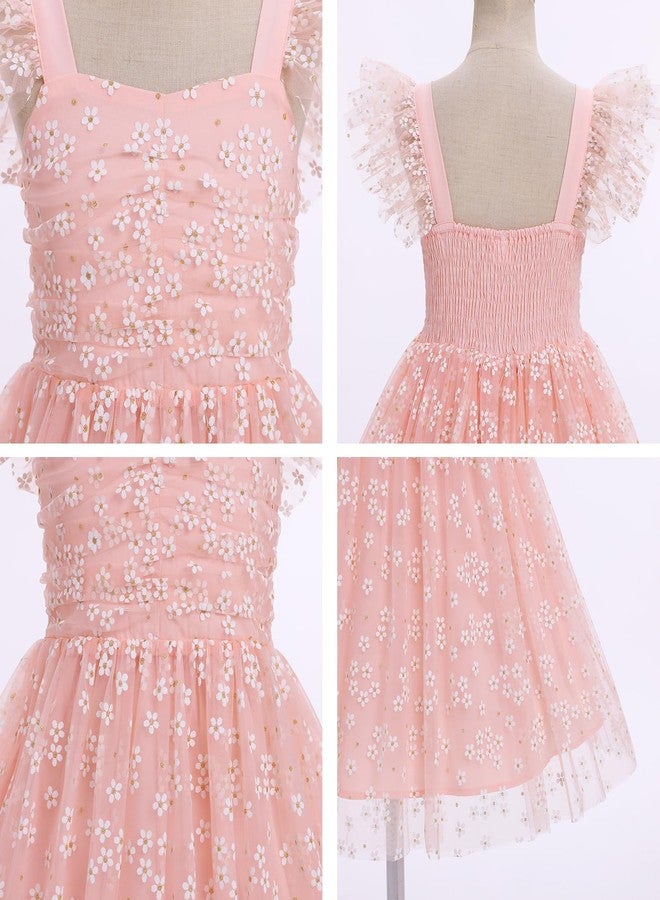 ODOLDI Kids Girls Birthday Party Dress Sequin Mesh Flutter Sleeve Smocked Back Ruffle Tulle Dress Photo Shoot Pink Little Flower 3-4 T - Image 5