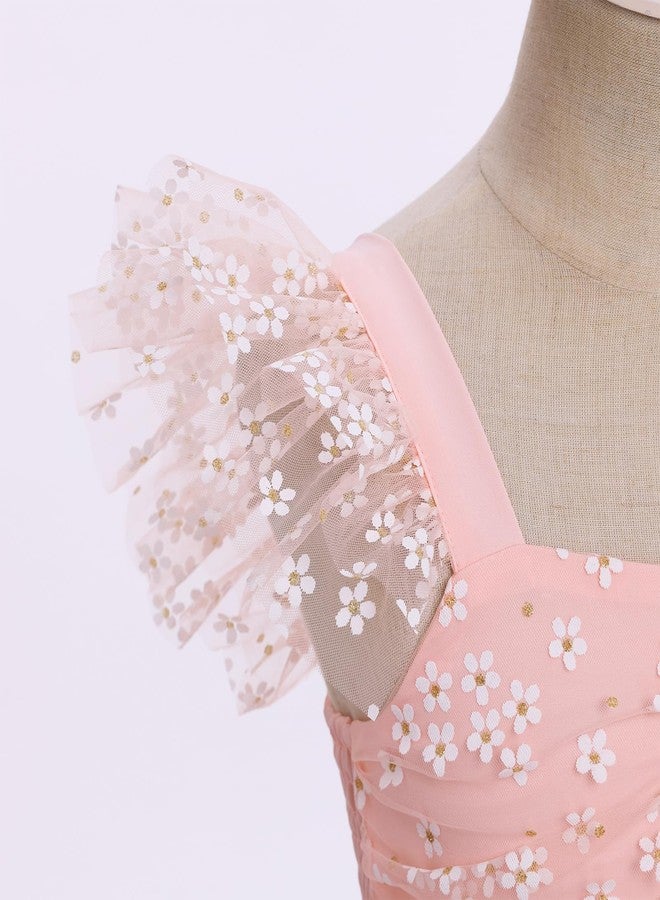 ODOLDI Kids Girls Birthday Party Dress Sequin Mesh Flutter Sleeve Smocked Back Ruffle Tulle Dress Photo Shoot Pink Little Flower 3-4 T - Image 4