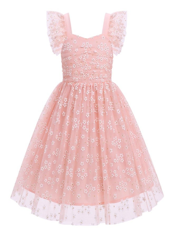 ODOLDI Kids Girls Birthday Party Dress Sequin Mesh Flutter Sleeve Smocked Back Ruffle Tulle Dress Photo Shoot Pink Little Flower 3-4 T - Image 1