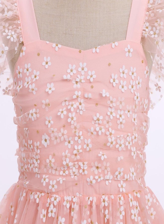 ODOLDI Kids Girls Birthday Party Dress Sequin Mesh Flutter Sleeve Smocked Back Ruffle Tulle Dress Photo Shoot Pink Little Flower 3-4 T - Image 2