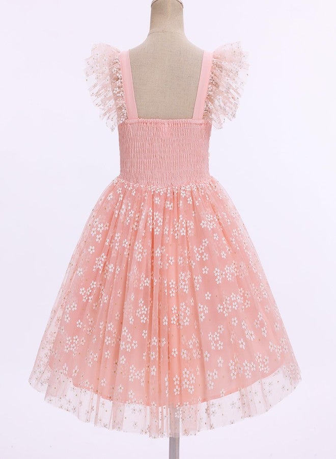 ODOLDI Kids Girls Birthday Party Dress Sequin Mesh Flutter Sleeve Smocked Back Ruffle Tulle Dress Photo Shoot Pink Little Flower 3-4 T - Image 3
