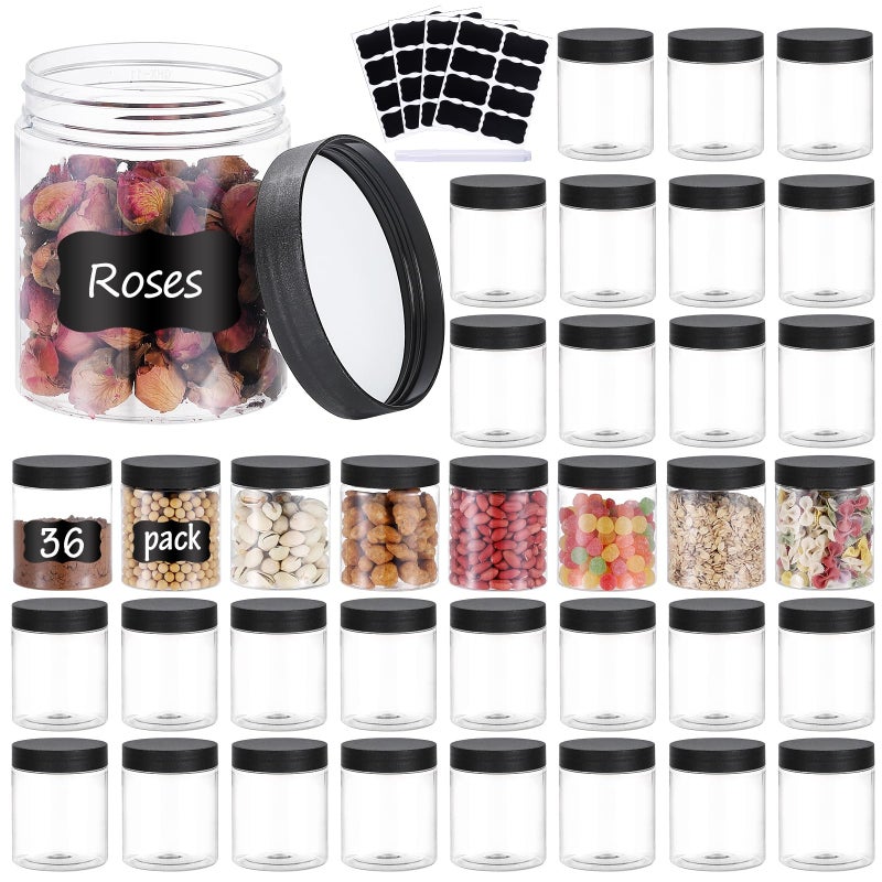 36PCS 8OZ Plastic Jars with Screw On LidsLabels Refillable Empty Round Slime Containers for Storing Dry Food Honey Jam Cream Butter Lotion Black