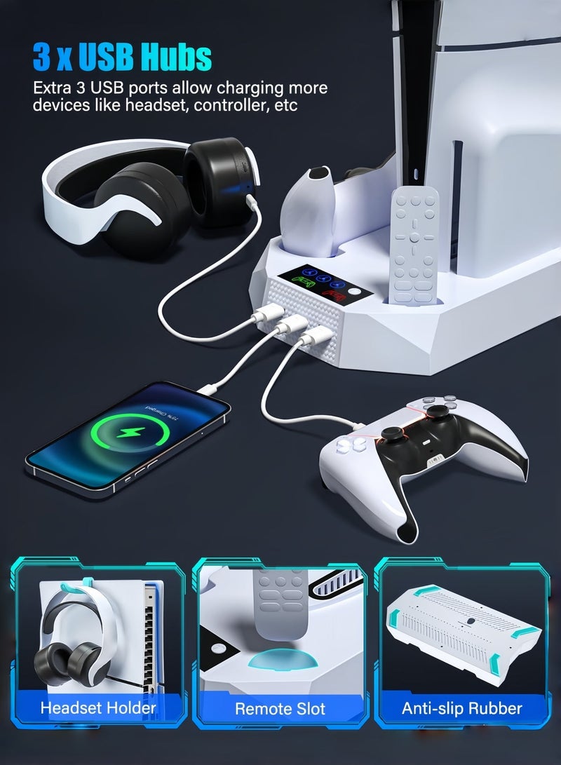 CoolRabbie Vertical Cooling Stand for PS5/PS5 Slim/PS5 Pro Stand and Cooling Station with Dual Controller Charging Station for PlayStation 5 Console, PS5 Accessories Incl. Controller Charger, Cooling Fan, Headset Holder, 3 USB Hub, Black - Image 5