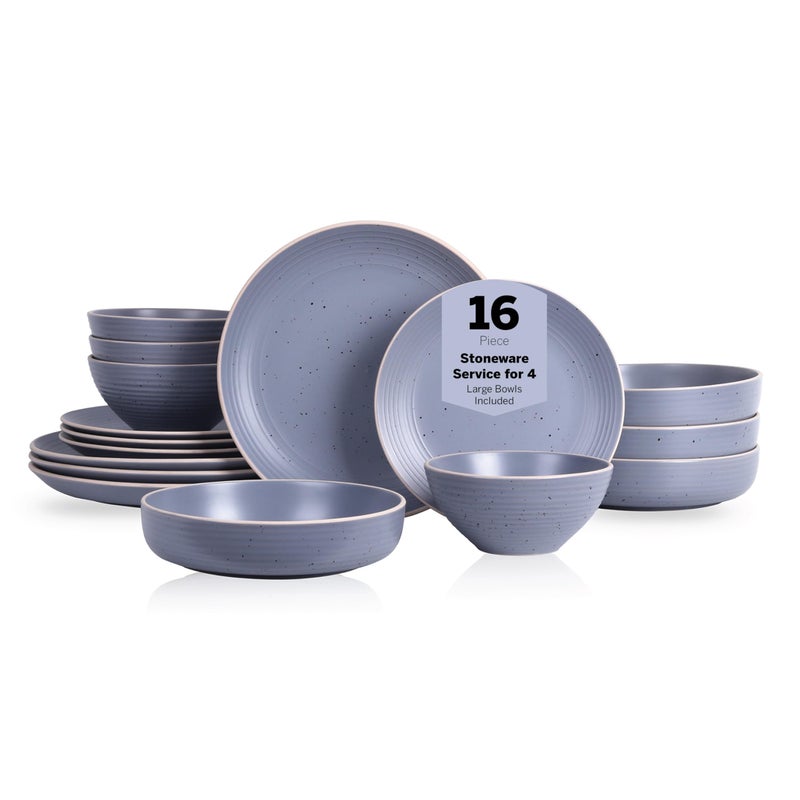 Stone Lain Lauren Stoneware Rustic Plates and Bowls Set Dinnerware Service for 4 Speckled Light Gray Dishwasher  Microwave Safe 16Piece