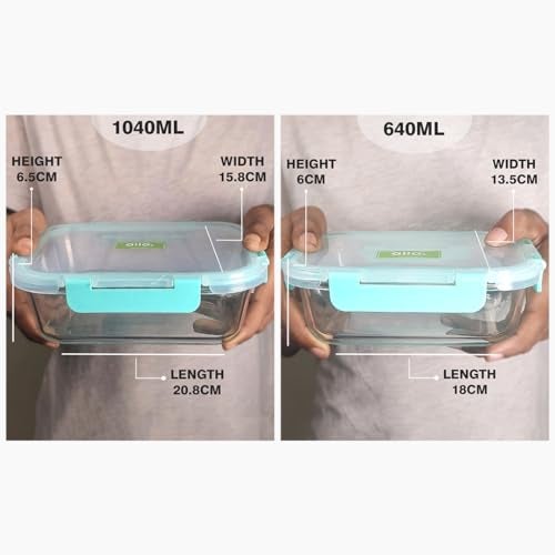 Allo FoodSafe 640ml & 1040ml Rectangle Glass Food Storage Container | Microwave Safe | High Borosilicate | Leak Proof | Set of 2, Transparent - Image 5