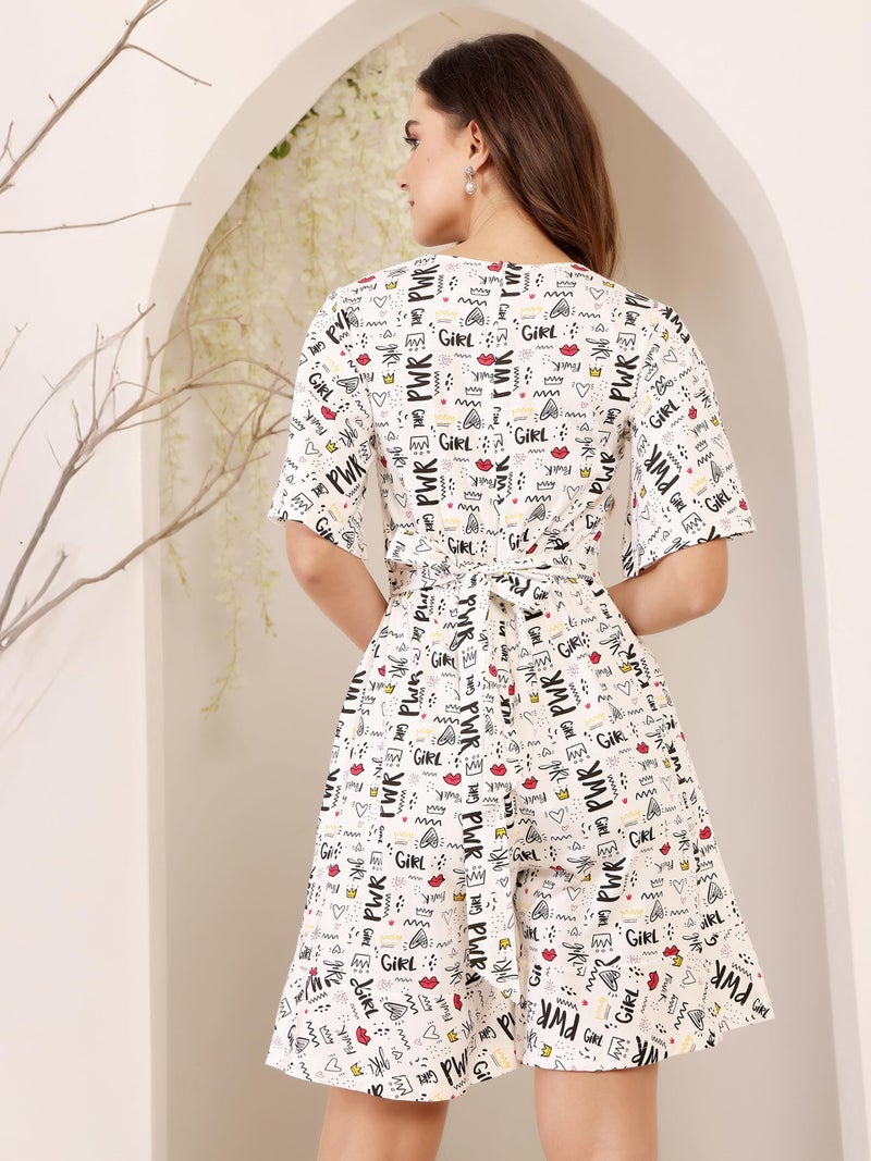 Miss Chase Women's V Neck Half Sleeve Conversational Printed Wrap Knee Long Playsuit (MCSS24D19-12-172-03, Multicolored Base White, S) - Image 4