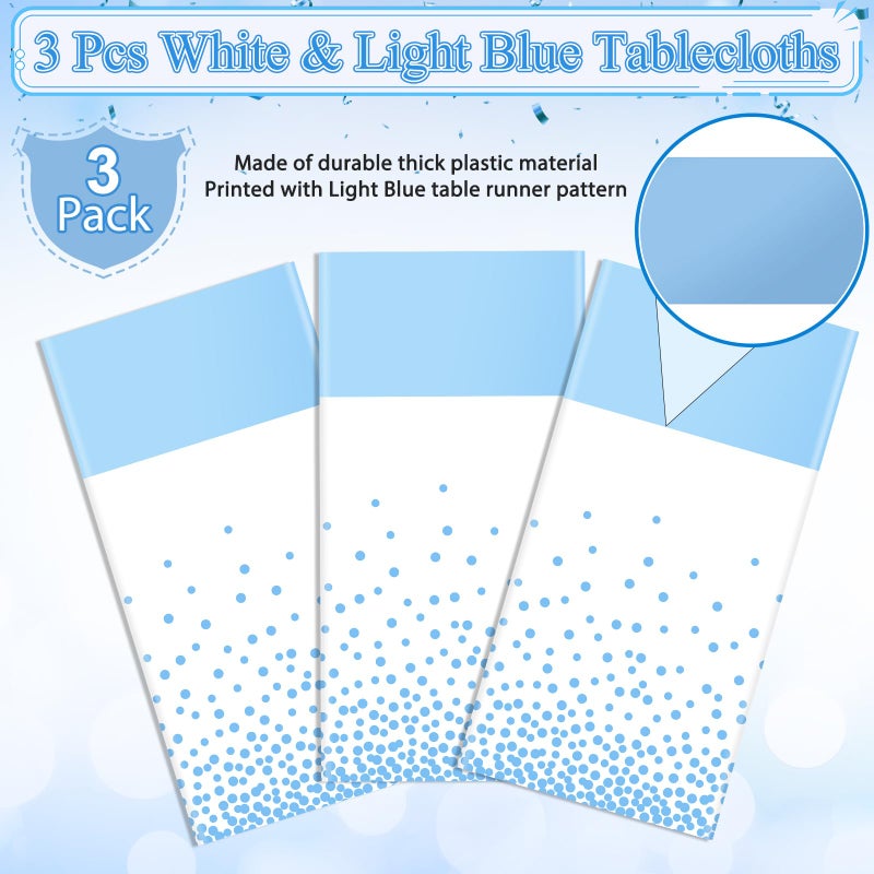 MASHAN 3Pcs White and Light Blue Tablecloth Party Decorations,Plastic White Table Cloth Printed Baby Blue Table Runner Disposable Rectangle Cover for Birthday Baby Shower Wedding Party,54 x108 Inch - Image 4