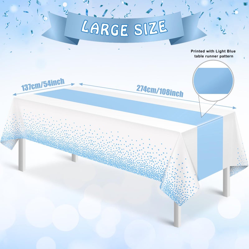 MASHAN 3Pcs White and Light Blue Tablecloth Party Decorations,Plastic White Table Cloth Printed Baby Blue Table Runner Disposable Rectangle Cover for Birthday Baby Shower Wedding Party,54 x108 Inch - Image 2
