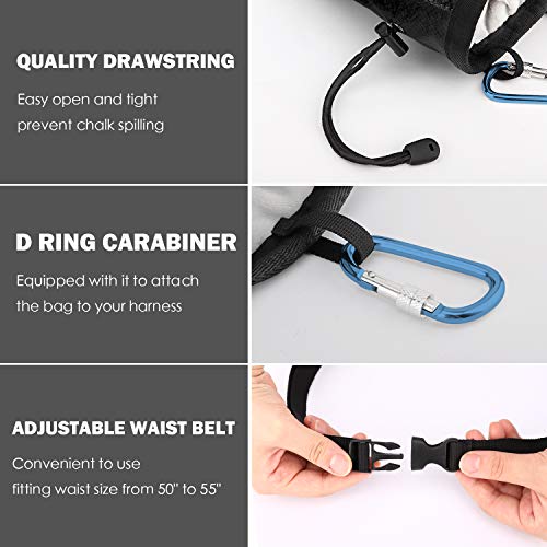 MoKo Chalk Bag, Drawstring Rock Climbing Bag Bouldering Chalk Pot Bucket with Adjustable Belt & Zippered Pockets and Carabiner for Rock Climbing Weight Lifting Gymnastics Crossfit - Black - Image 3