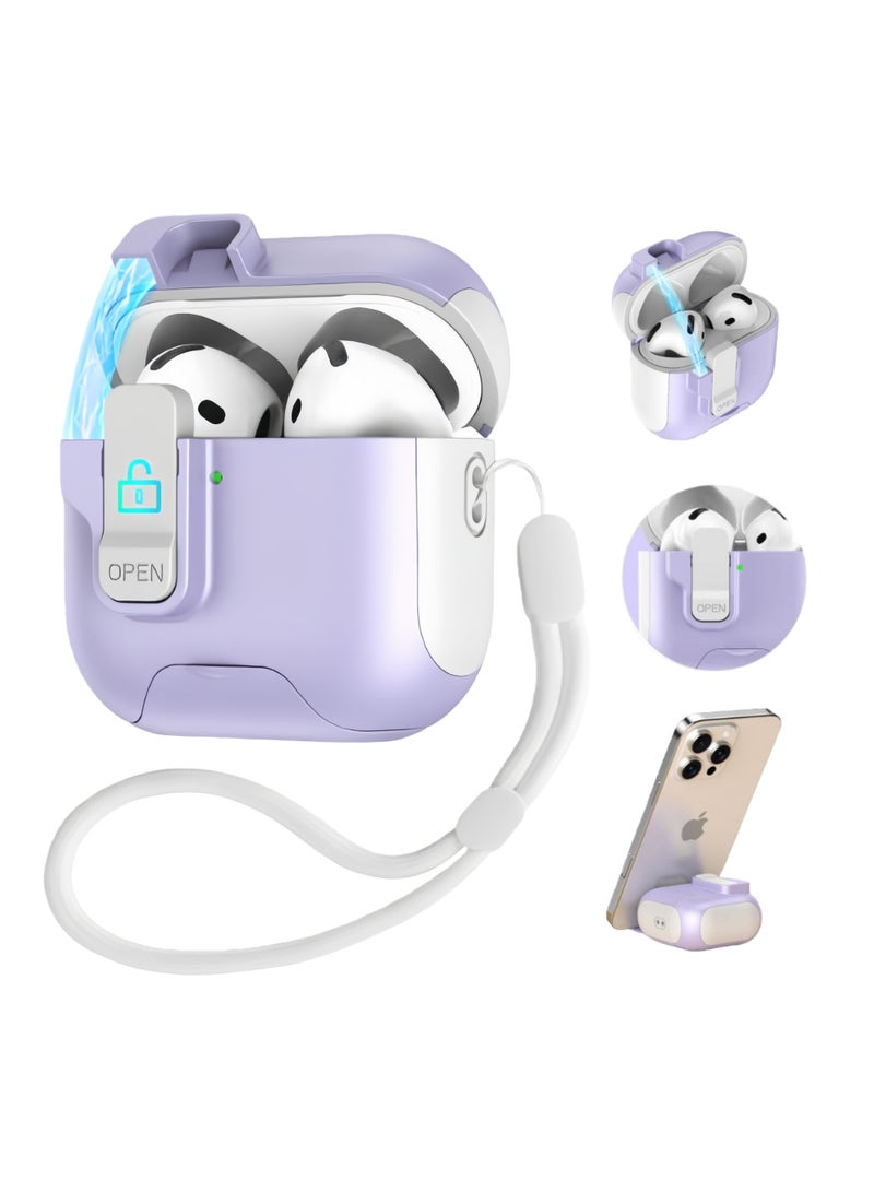 اعاره حافظة AirPods 4 مع حامل هاتف، فتح تلقائي، حافظات قفل آمنة متوافقة مع Apple Airpods الجيل الرابع 2024، غطاء صلب مقاوم للسقوط مع سلسلة مفاتيح للنساء والفتيات، أرجواني - Image 1