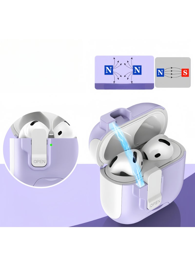 اعاره حافظة AirPods 4 مع حامل هاتف، فتح تلقائي، حافظات قفل آمنة متوافقة مع Apple Airpods الجيل الرابع 2024، غطاء صلب مقاوم للسقوط مع سلسلة مفاتيح للنساء والفتيات، أرجواني - Image 2