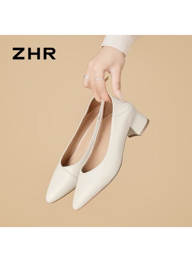 Zhr Zese Women's Commuter Pointed Toe Chunky Heel Work Slip-on Dual-wear Leather Shoes Bl267p Beige 38 - Image 3