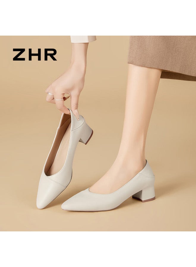 Zhr Zese Women's Commuter Pointed Toe Chunky Heel Work Slip-on Dual-wear Leather Shoes Bl267p Beige 38 - Image 1