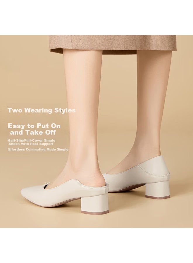 Zhr Zese Women's Commuter Pointed Toe Chunky Heel Work Slip-on Dual-wear Leather Shoes Bl267p Beige 38 - Image 2