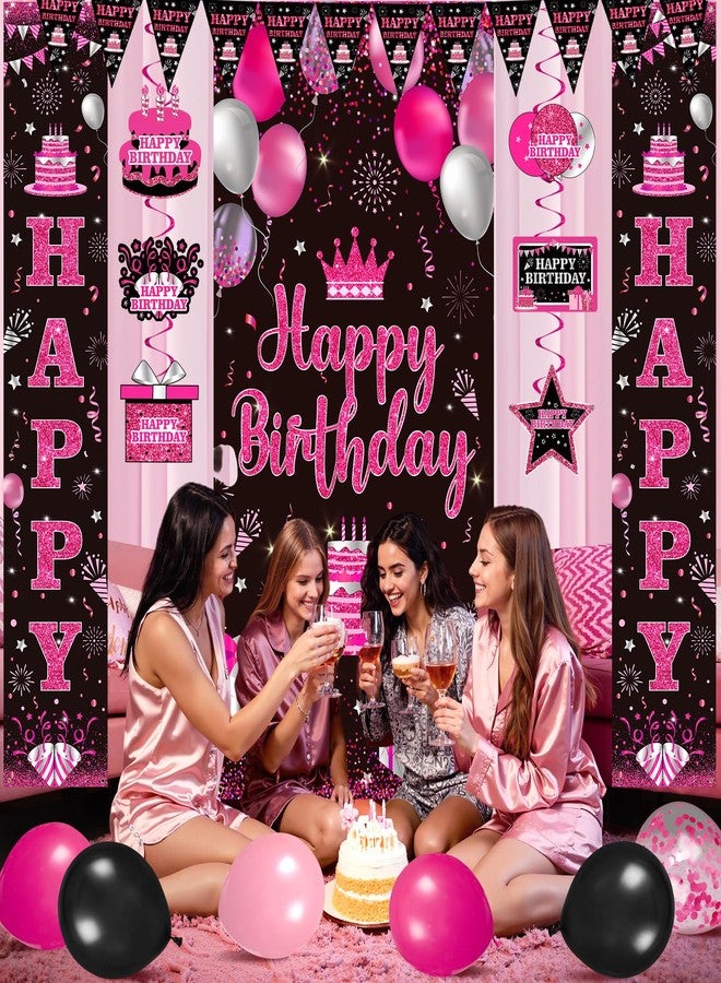 Woosytoo Hot Pink Birthday Decorations for Women Men Hot Pink Party Supplies Happy Birthday Door Banner Backdrop Porch Sign Hanging Swirls Pink Black Confetti Balloons Streamers Pennant Banner Flags Decor - Image 4