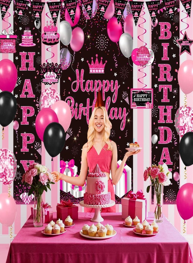 Woosytoo Hot Pink Birthday Decorations for Women Men Hot Pink Party Supplies Happy Birthday Door Banner Backdrop Porch Sign Hanging Swirls Pink Black Confetti Balloons Streamers Pennant Banner Flags Decor - Image 2