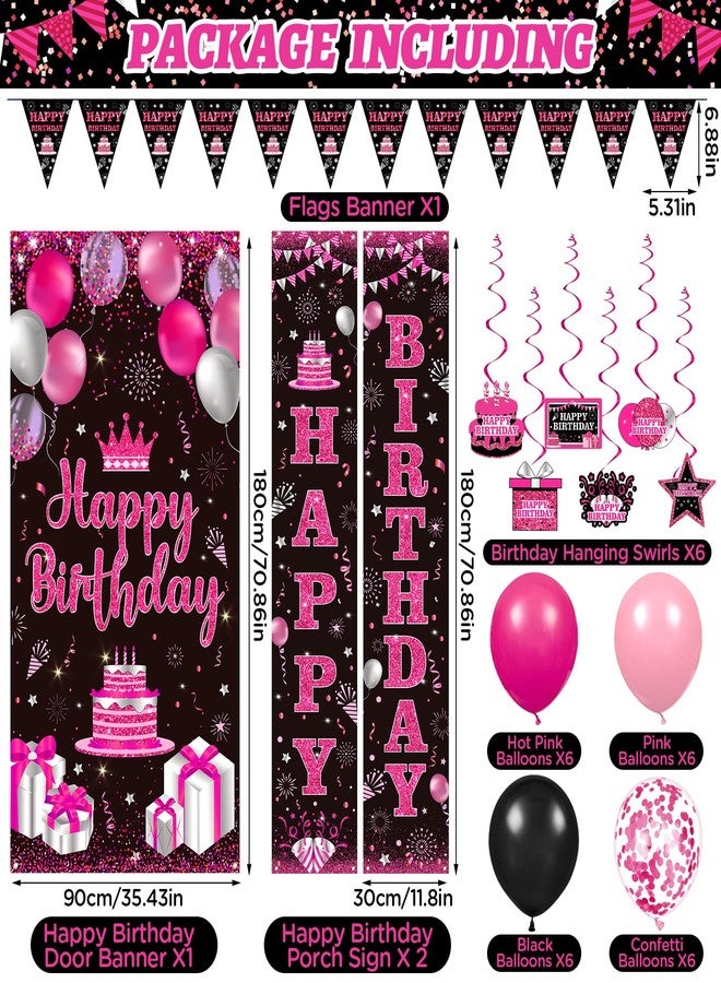 Woosytoo Hot Pink Birthday Decorations for Women Men Hot Pink Party Supplies Happy Birthday Door Banner Backdrop Porch Sign Hanging Swirls Pink Black Confetti Balloons Streamers Pennant Banner Flags Decor - Image 5