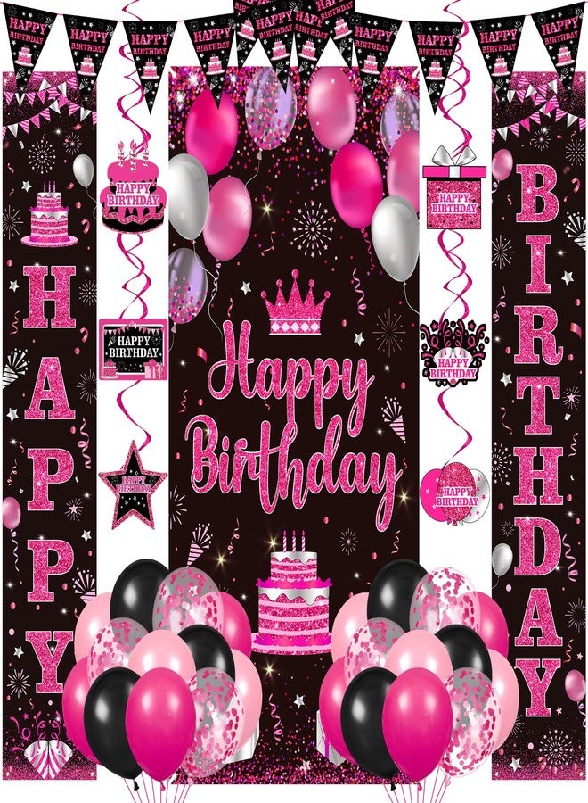 Woosytoo Hot Pink Birthday Decorations for Women Men Hot Pink Party Supplies Happy Birthday Door Banner Backdrop Porch Sign Hanging Swirls Pink Black Confetti Balloons Streamers Pennant Banner Flags Decor - Image 1