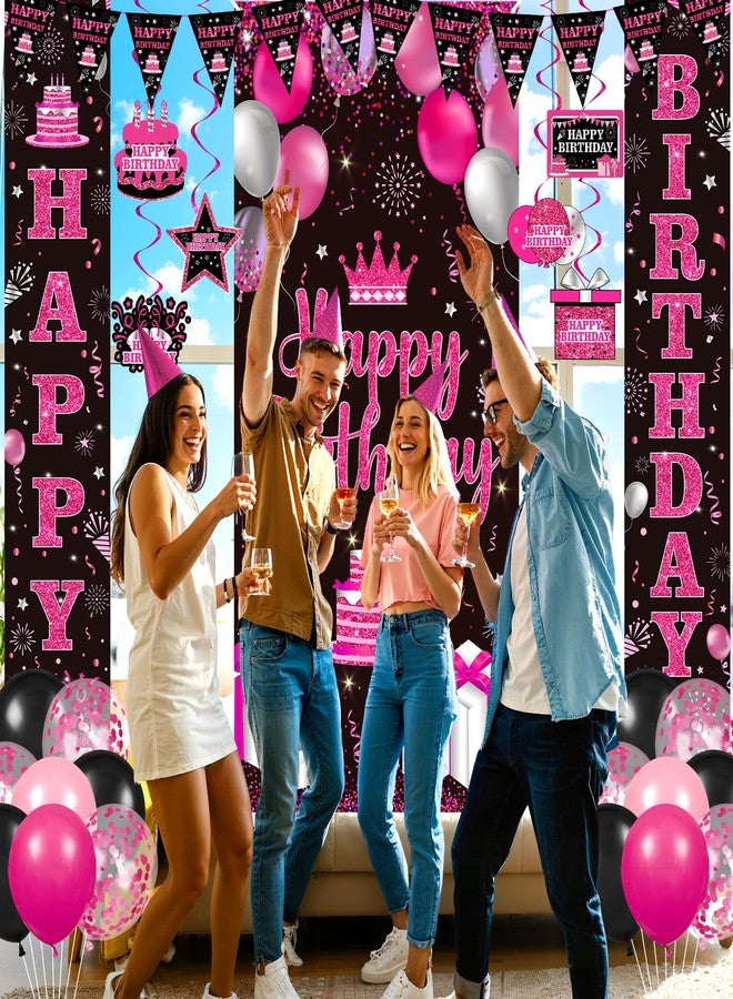 Woosytoo Hot Pink Birthday Decorations for Women Men Hot Pink Party Supplies Happy Birthday Door Banner Backdrop Porch Sign Hanging Swirls Pink Black Confetti Balloons Streamers Pennant Banner Flags Decor - Image 3