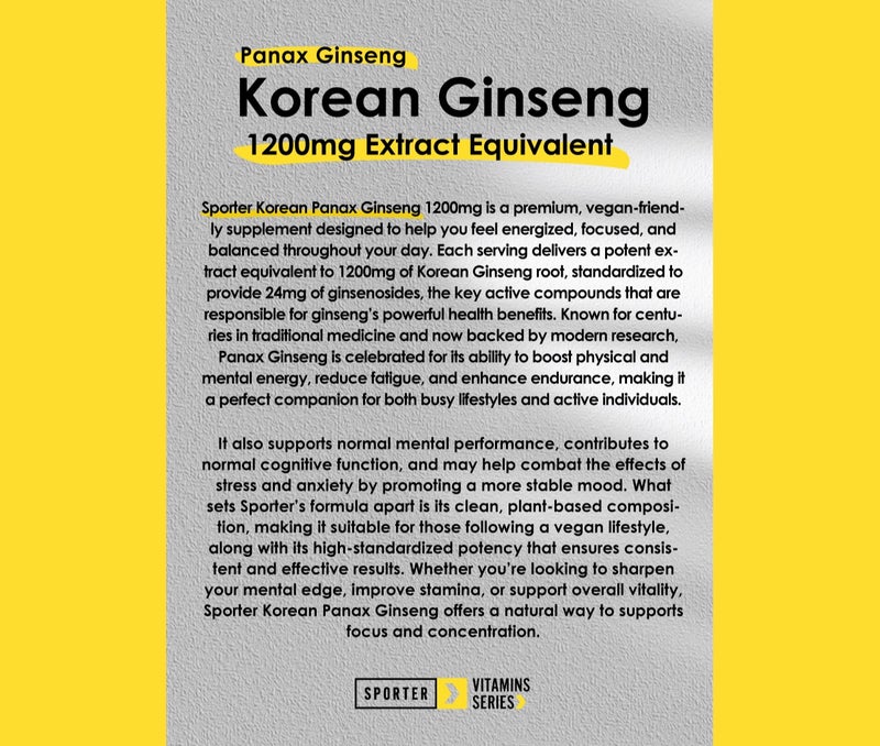 SPORTER ⚡ Sporter Korean Ginseng 1200mg – 60 Tablets | Supports Vitality, Stamina & General Wellness | Vegan, Non-GMO - Image 4