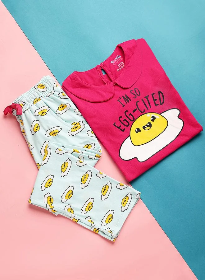 Clovia Cubs Egg-Cited Graphic Print T-Shirt & Pyjama Set by Styli