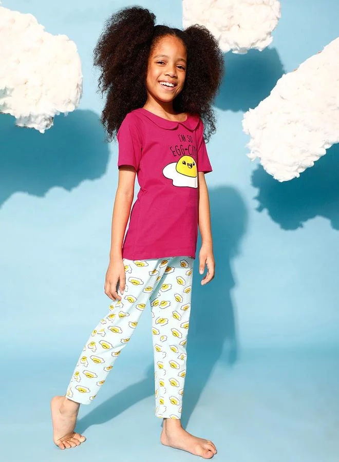 Clovia Cubs Egg-Cited Graphic Print T-Shirt & Pyjama Set by Styli
