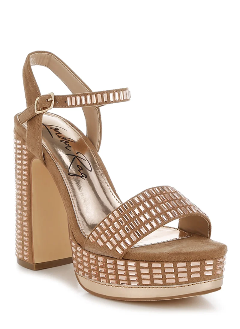 London Rag Rhinestones Embellished Ankle Strap Heels in Tan