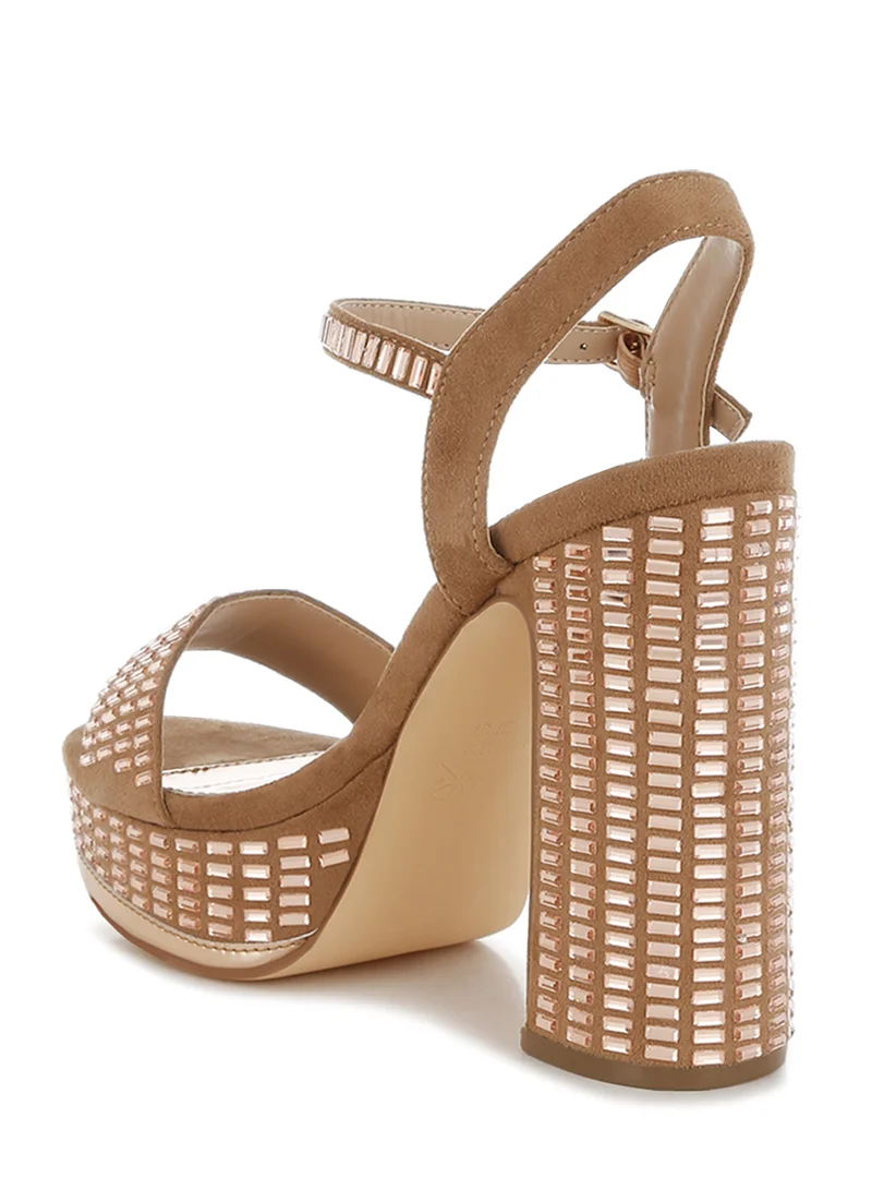 London Rag Rhinestones Embellished Ankle Strap Heels in Tan
