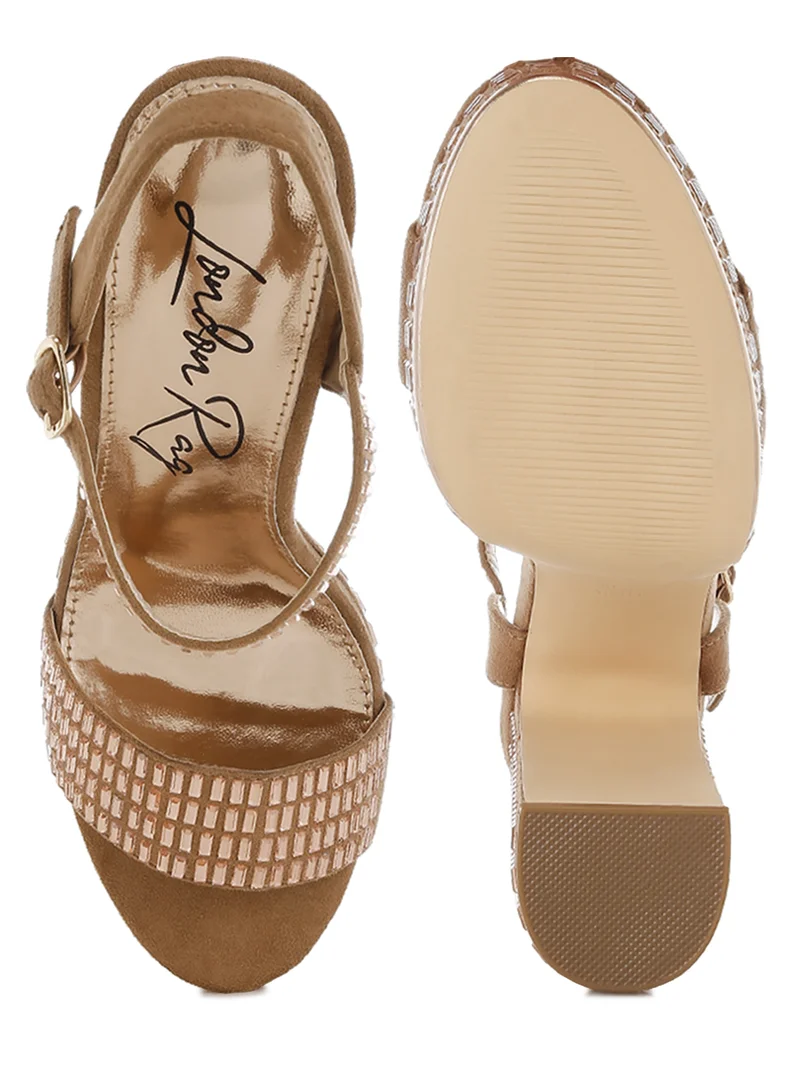 London Rag Rhinestones Embellished Ankle Strap Heels in Tan