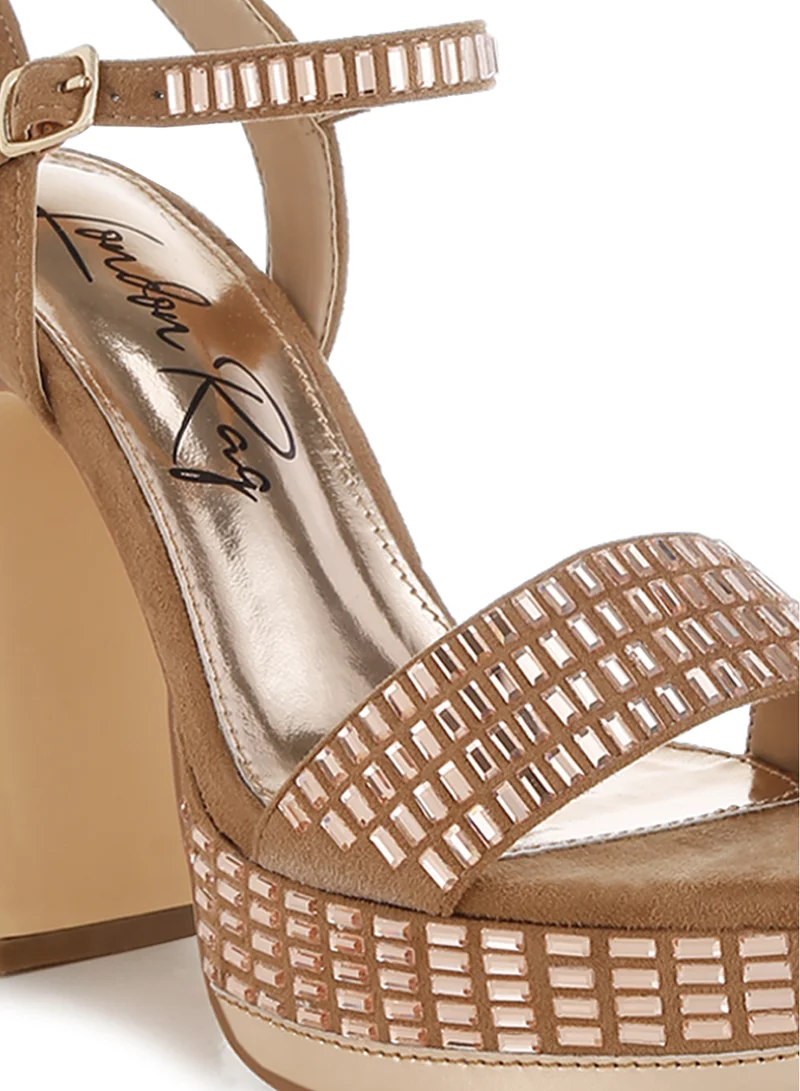 London Rag Rhinestones Embellished Ankle Strap Heels in Tan