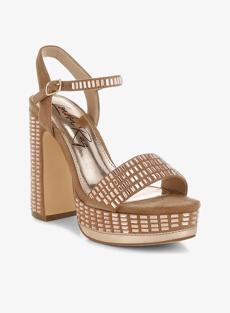 London Rag Rhinestones Embellished Ankle Strap Heels in Tan