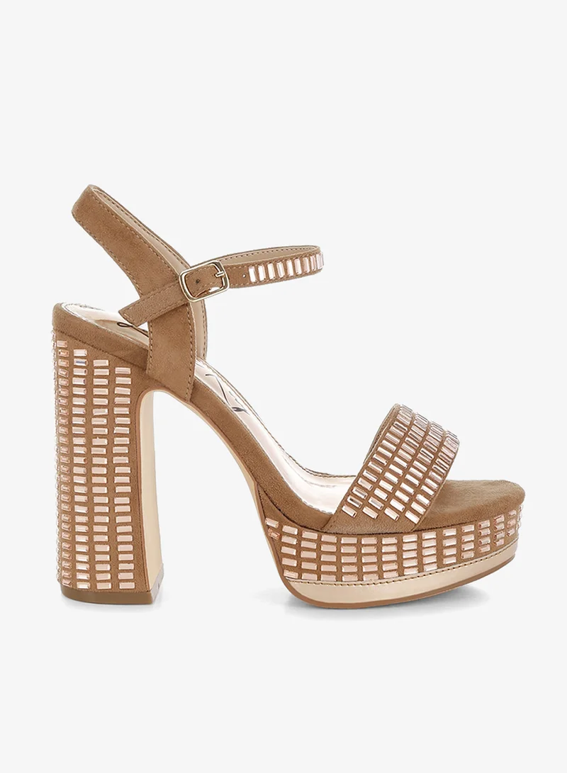 Rhinestones Embellished Ankle Strap Heels in Tan